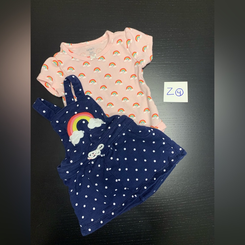 ⭐️2/$11.00⭐️ Carter's 3m Rainbow Tee with Navy Polka Dot Pinafore Set